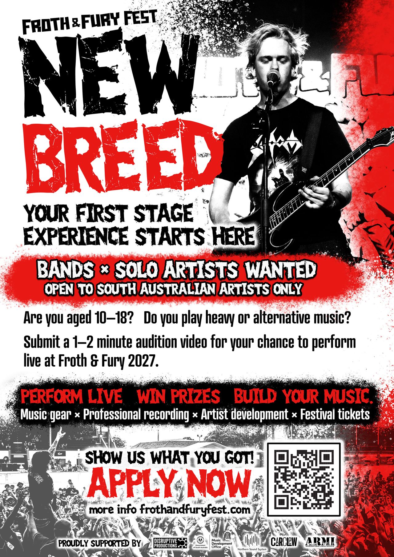 Froth & Fury Fest New Breed 2027 band application poster for young South Australian artists.